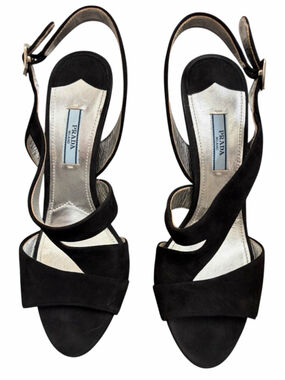 Prada Suede Strappy Heels Black Slingback Sandals 39 4.5” Heel